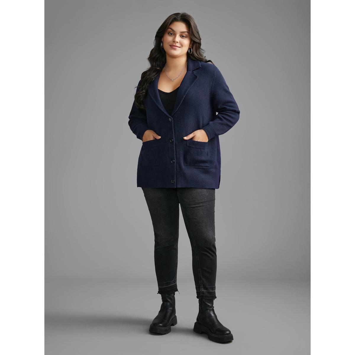 Plus Size Supersoft Essentials Suit Collar Patch Pocket Cardigan Midnight Women Casual Loose Long Sleeve Everyday Cardigans BloomChic 26/4X Product Image