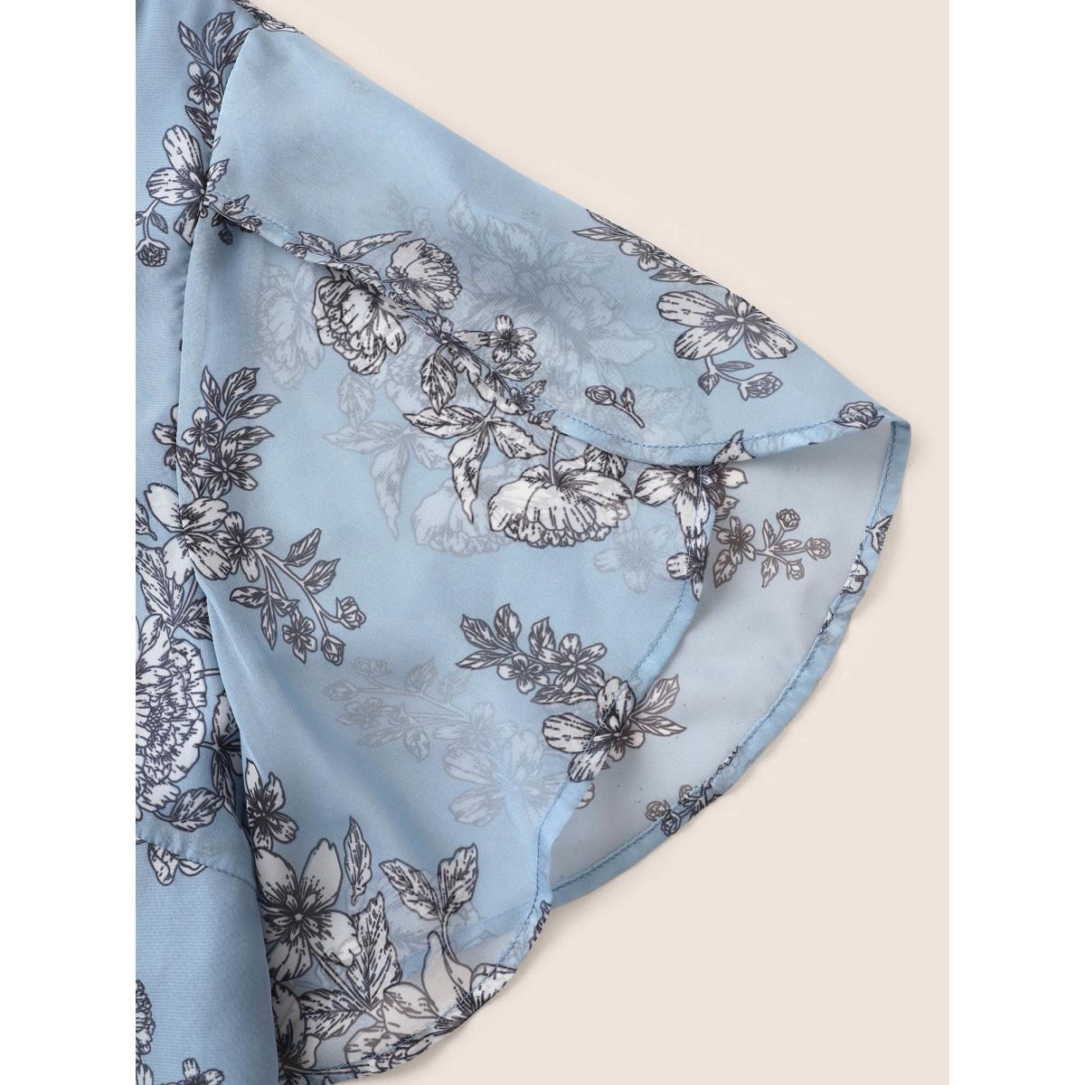 Plus Size Stone Chiffon Floral Print Flat Collar With V Notch Petal Sleeve Blouse Women Elegant Short sleeve V-neck Everyday Blouses BloomChic 18-20/2X Product Image