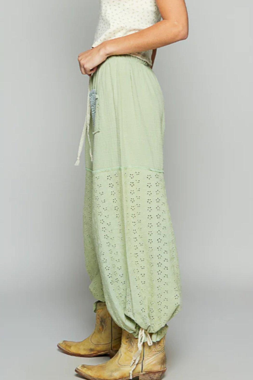 POL Pistachio Double Gauze Contrast Eyelet Fabric Panel Drawstring Waist Pants Product Image