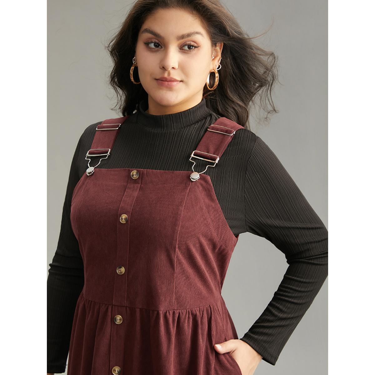 Plus Size Corduroy Button Detail Ruffles Adjustable Straps Dress Chocolate Women Casual Adjustable Straps Spaghetti Strap Sleeveless Curvy Midi Dress BloomChic 22-24/3X Product Image