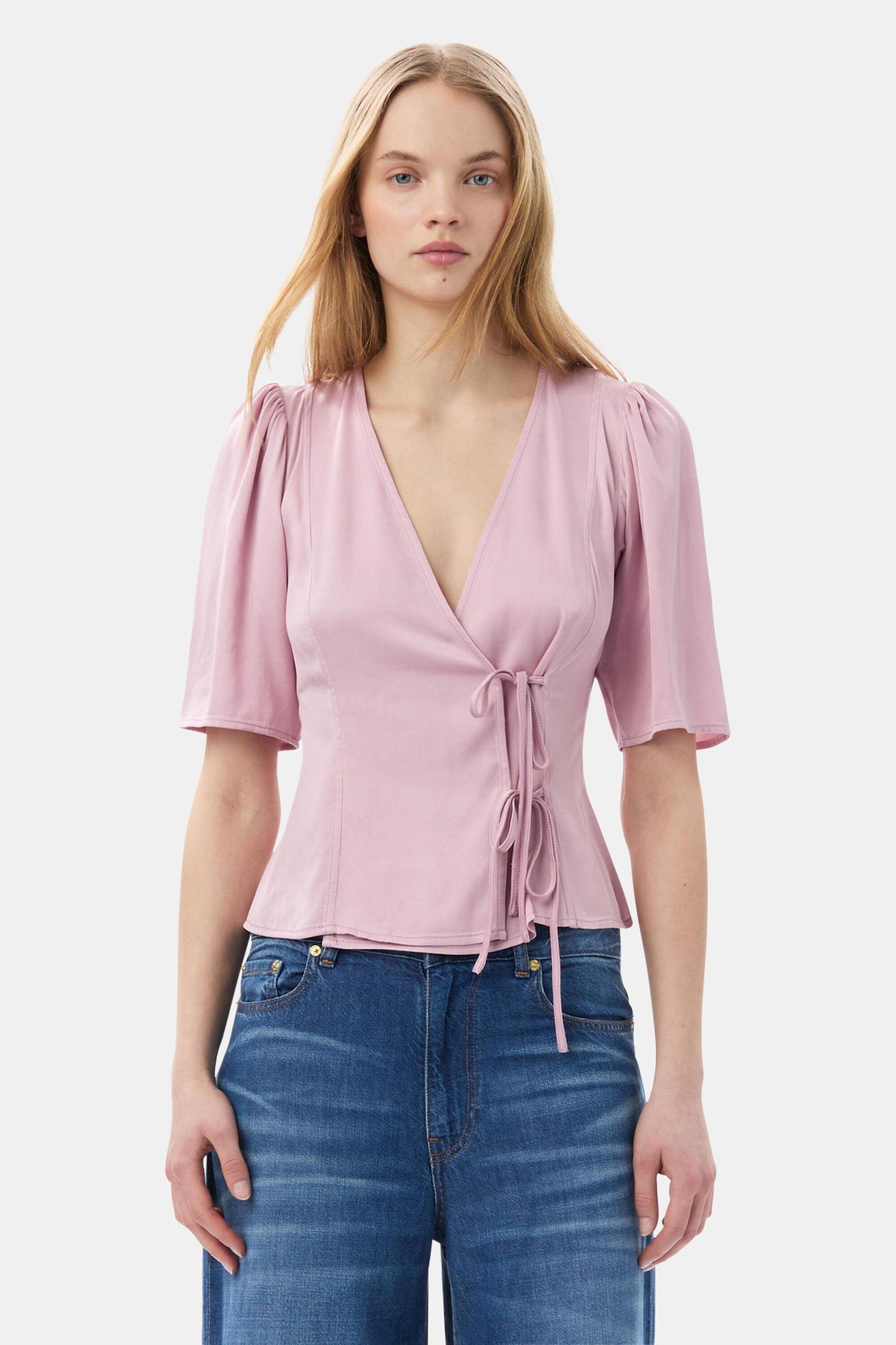 Pink Washed Satin Wrap Blouse Product Image