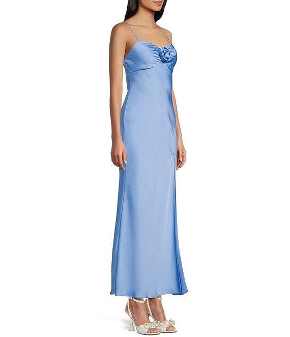 Next Up Satin Sweetheart Neck Front Rosette Side Slit Midi Dress Product Image