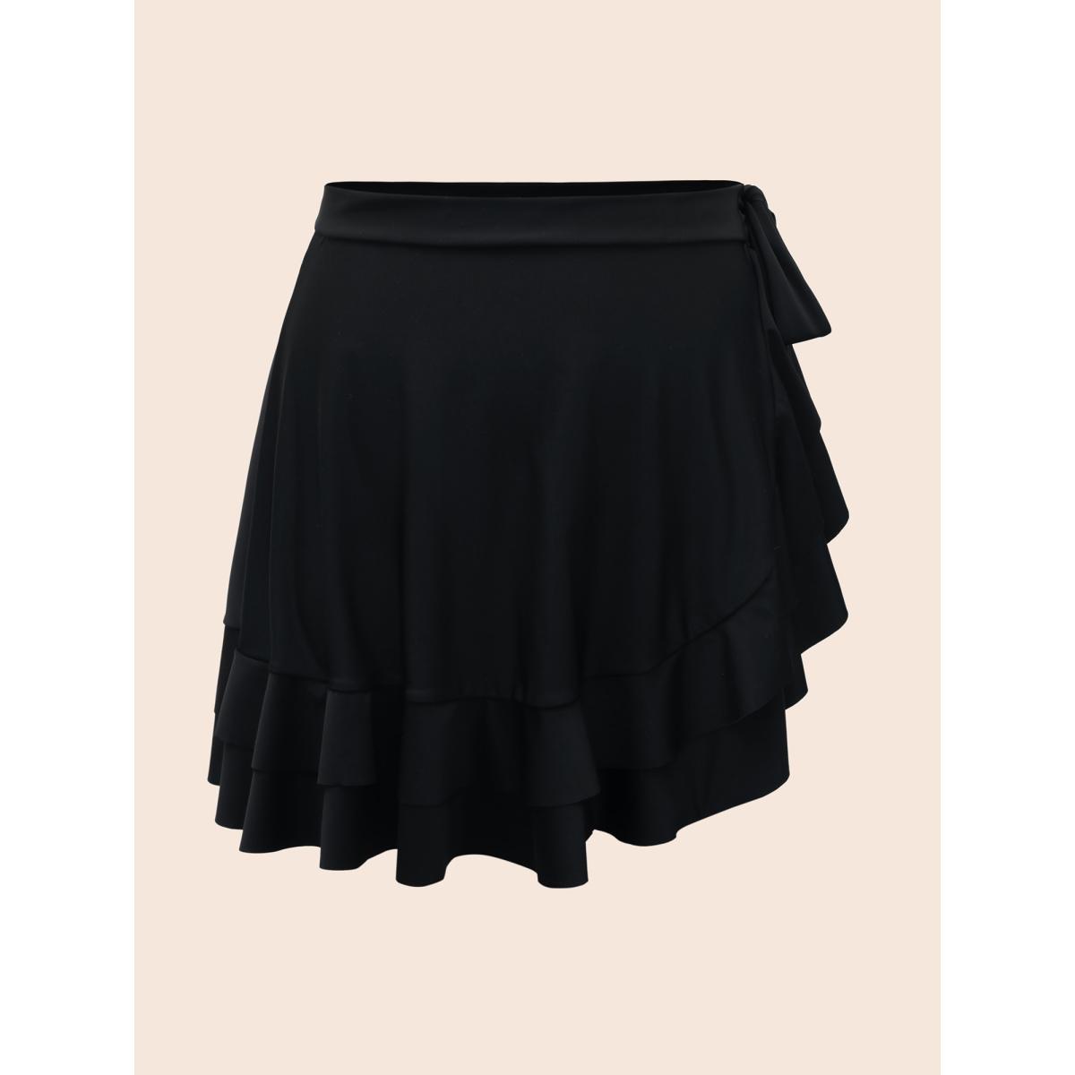 Plus Size Ruched Front Layered 2-in-1 Asymmetrical Hem Swim Dress Women's Swimwear Black Resort Bodycon Heart neckline High stretch Curve Swim Dresses BloomChic 10/M Product Image