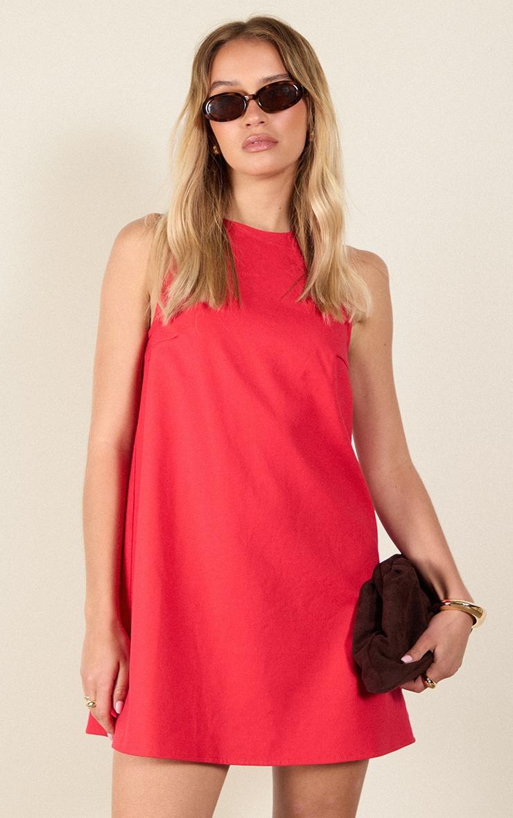 Tomato Red Linen-Blend Tie Back Sleeveless Shift Dress Product Image