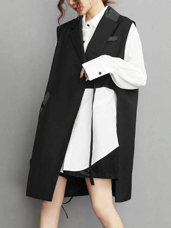 Sleeveless Asymmetric Pockets Tied Notched Collar Vest Outerwear Product Image
