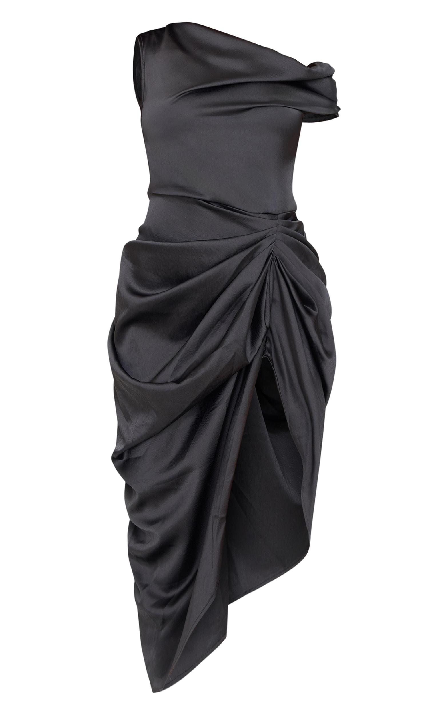Black Satin Off The Shoulder Draped Skirt Midi Dress Product Image