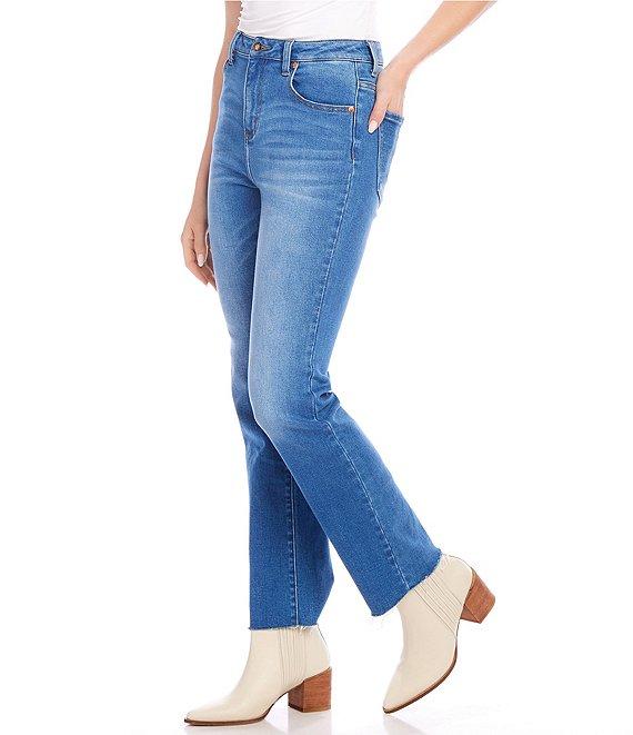 Karen Kane Stretch High RIse Raw Hem Straight Jeans Product Image