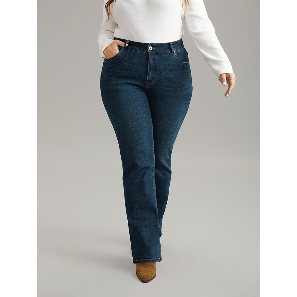 Plus Size Straight Leg Pocket Roll Hem Jeans Women Indigo Casual Plain Plain High stretch Pocket Jeans BloomChic 14/1X Product Image