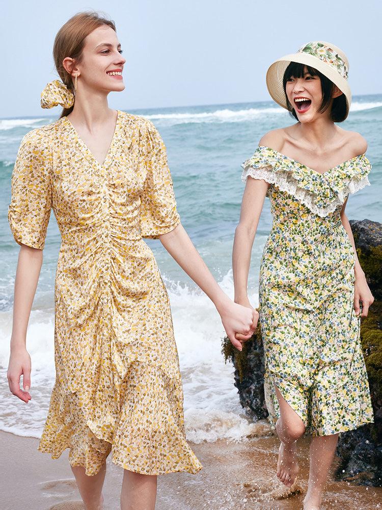 Pleated Fishtail Floral Midi Printed Dress Product Image