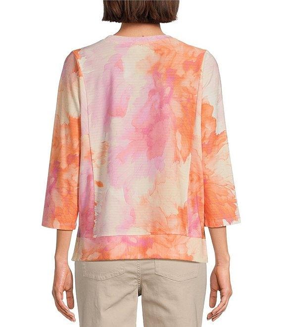 Westbound Petite Size Watercolor Dahlia Knit 3/4 Sleeve Crew Neck Ribbed Detail Multi Print Top Product Image