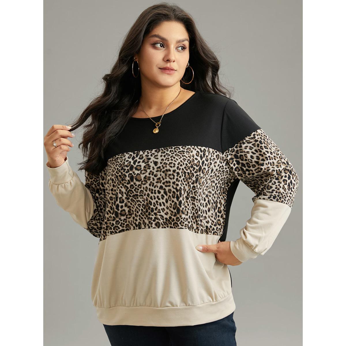Plus Size Leopard Contrast Elastic Hem Sweatshirt Women Black Casual Contrast Round Neck Dailywear Sweatshirts BloomChic 28/5X Product Image