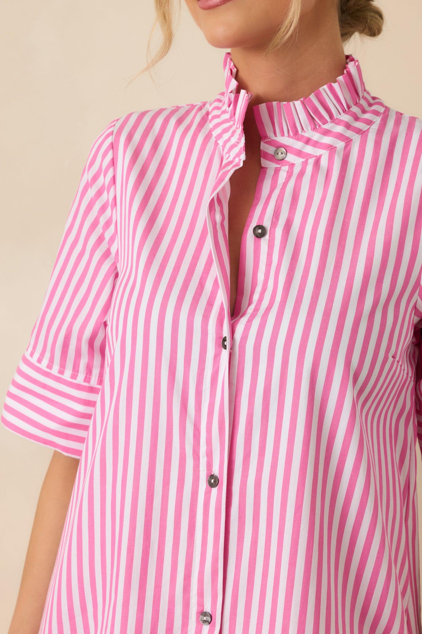 In Perfect Order Pink Stripe Button Front Ruffle Collar Midi Shirt Dress Product Image