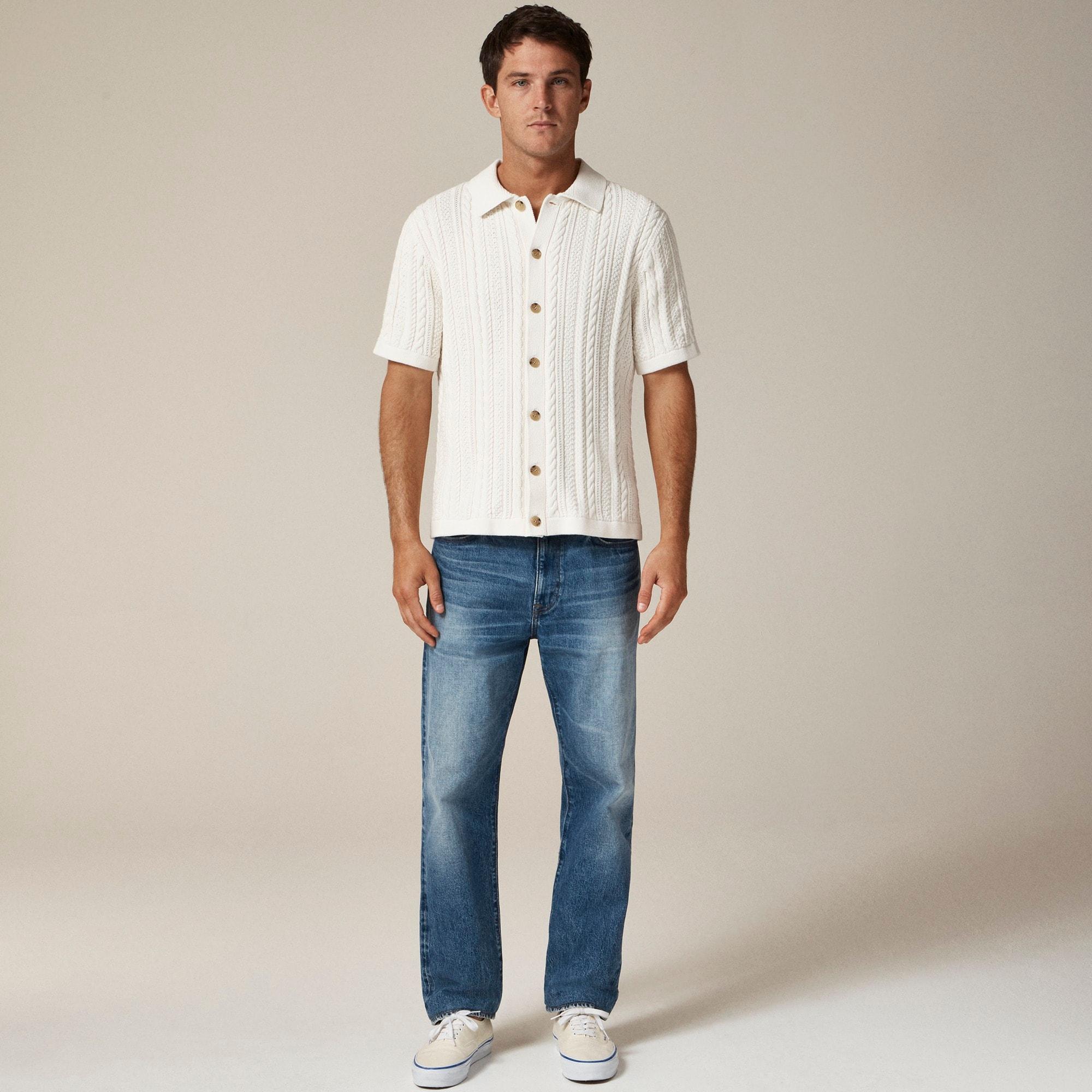 Short-sleeve cotton cable-knit cardigan sweater-polo Product Image