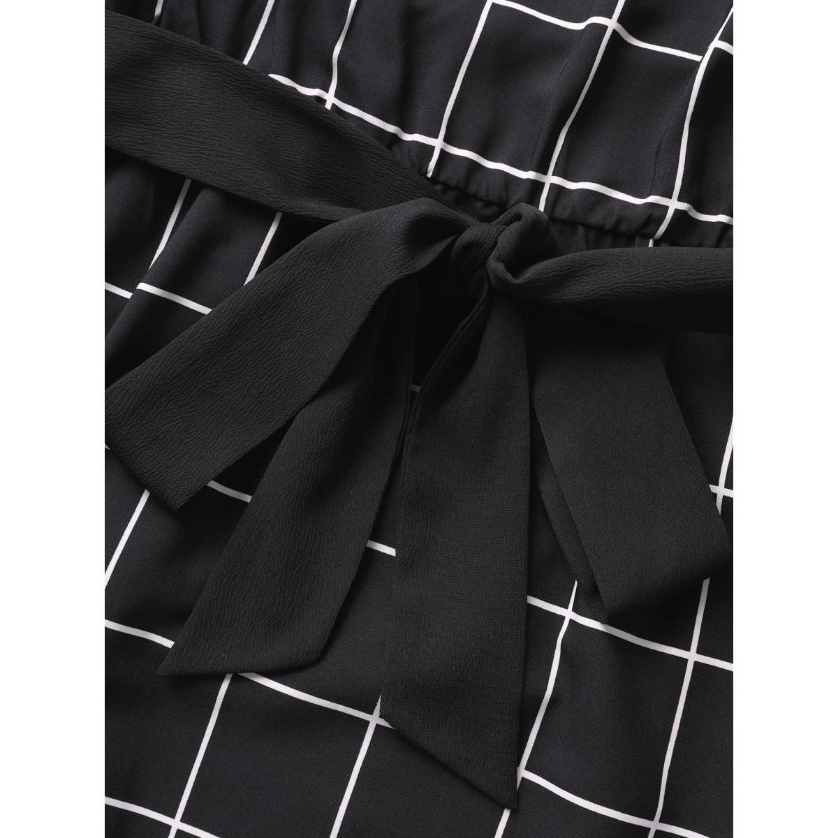 Plus Size Plaid Notched Belted Cap Sleeve Midi Dress Black Women Work From Home Belted Flat collar with V-notch Cap Sleeve Curvy BloomChic 22-24/3X Product Image