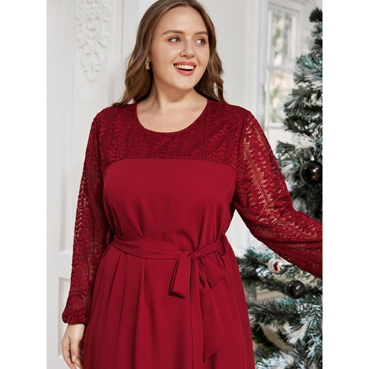 Plus Size Solid Lantern Sleeve Pocket Belted Contrast Lace Dress Burgundy Women Elegant Belted Round Neck Long Sleeve Curvy Midi Dress BloomChic 10/M Product Image