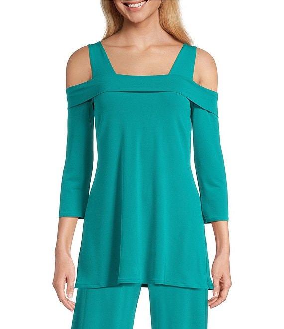 Eva Varro Solid Knit Jersey Off-the-Shoulder Wide Shoulder Strap 3/4 Sleeve Tunic Product Image
