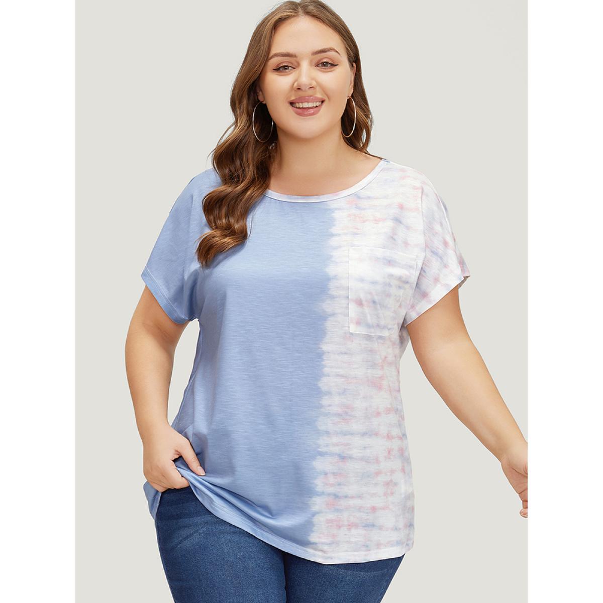 Plus Size Tie Dye Batwing Sleeve Cut Out Two Tone T-shirt Multicolor Women Casual Contrast Colorblock Round Neck Dailywear T-shirts BloomChic 18-20/2X Product Image