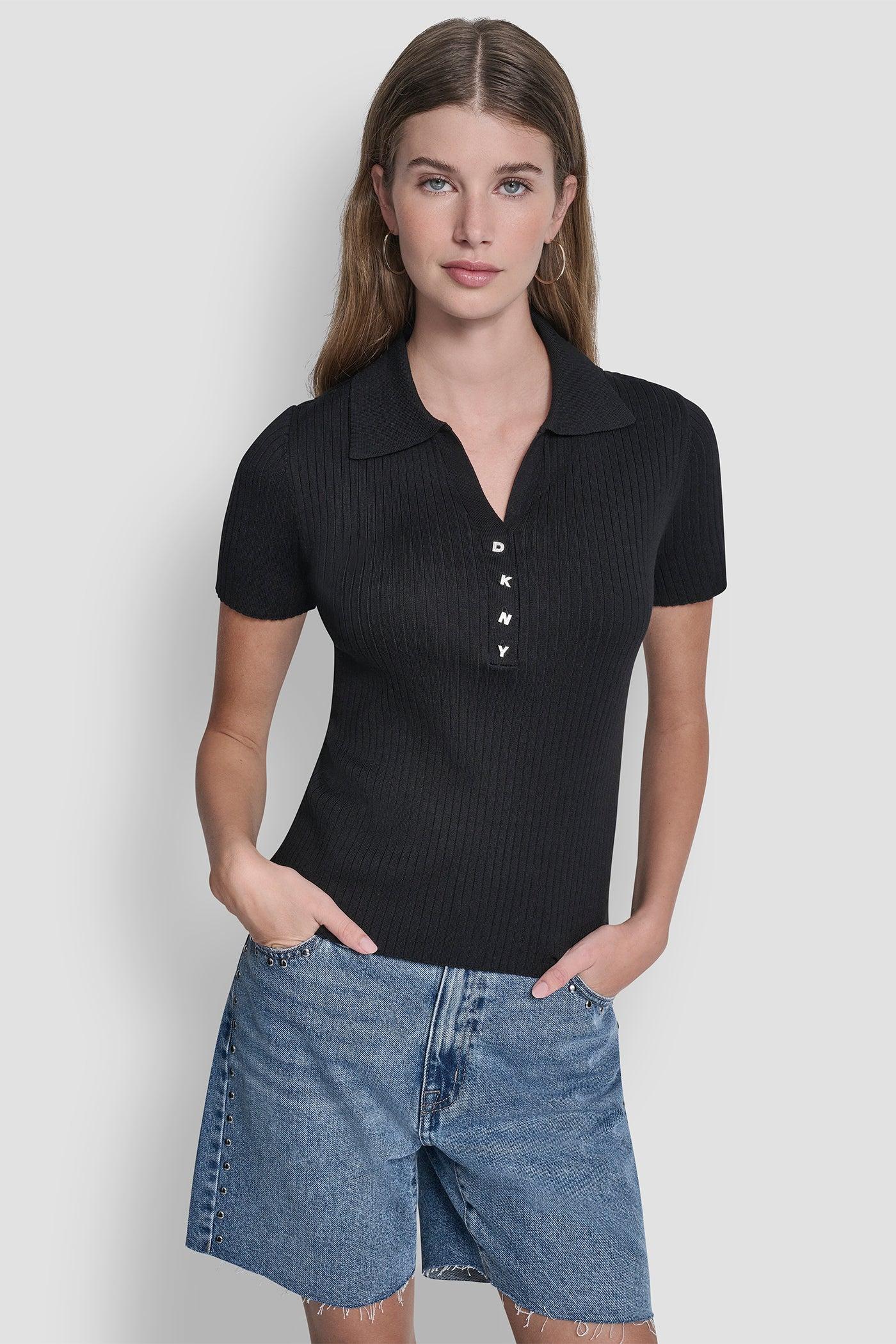 RIBBED POLO WITH RHINESTONE BUTTONS Product Image