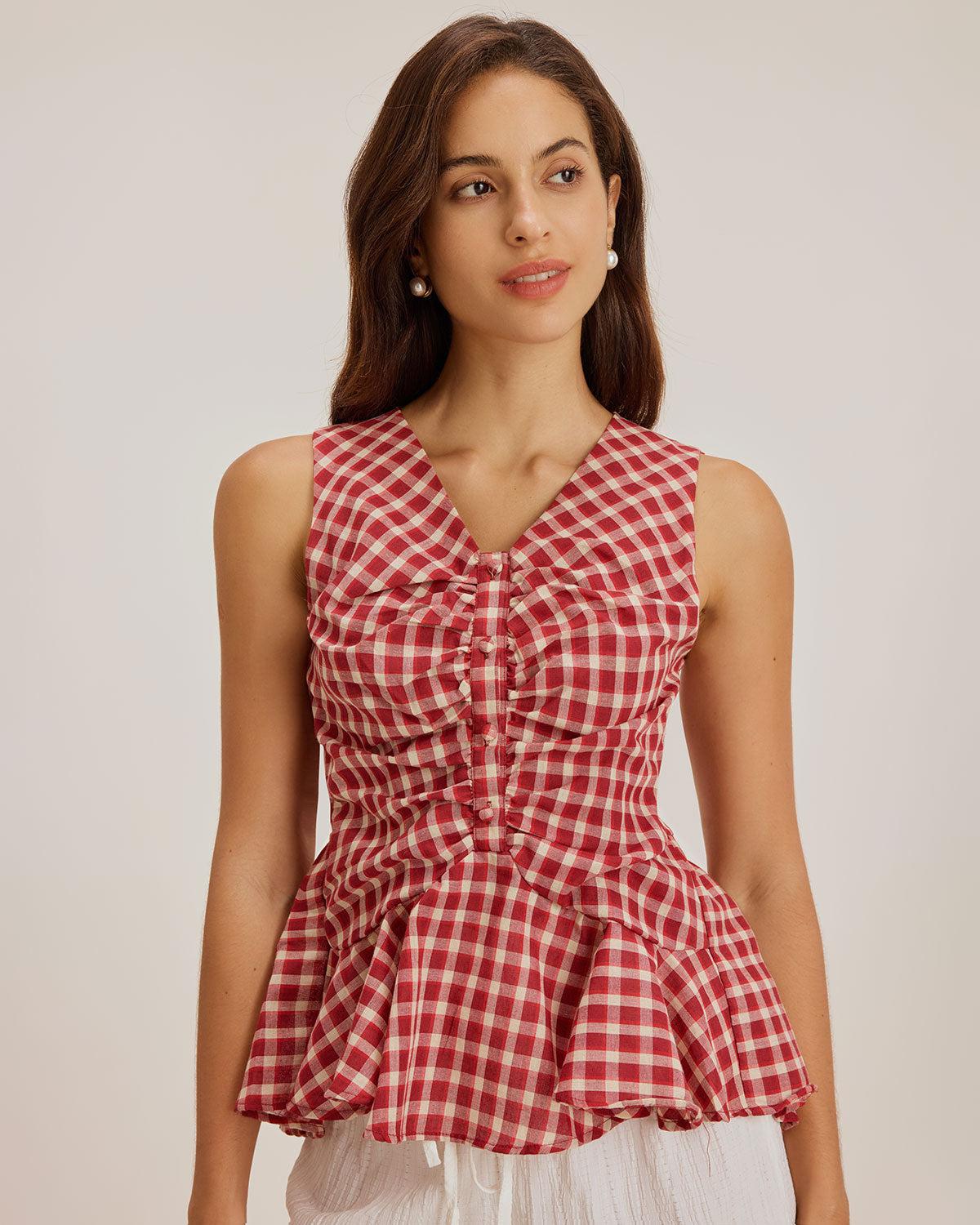 Red Plaid V Neck Ruffle Tank Top Product Image