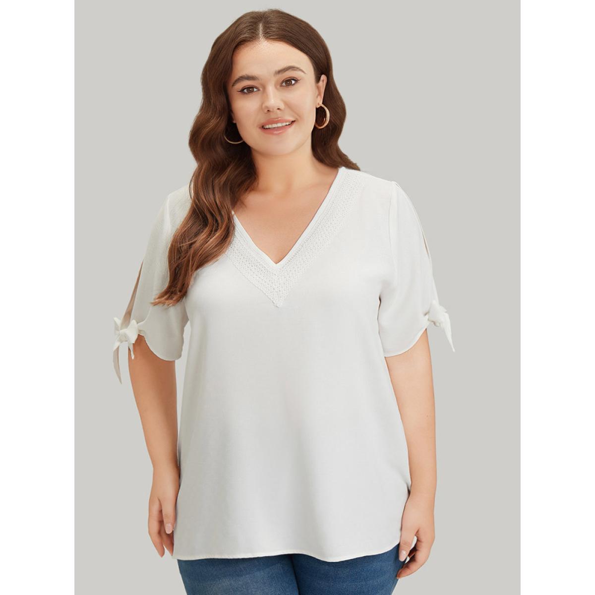 Plus Size Ivory Anti-Wrinkle Plain Lace Cut Out Knot Sleeve Blouse Women Office Short sleeve V-neck Office Blouses BloomChic 12/L Product Image