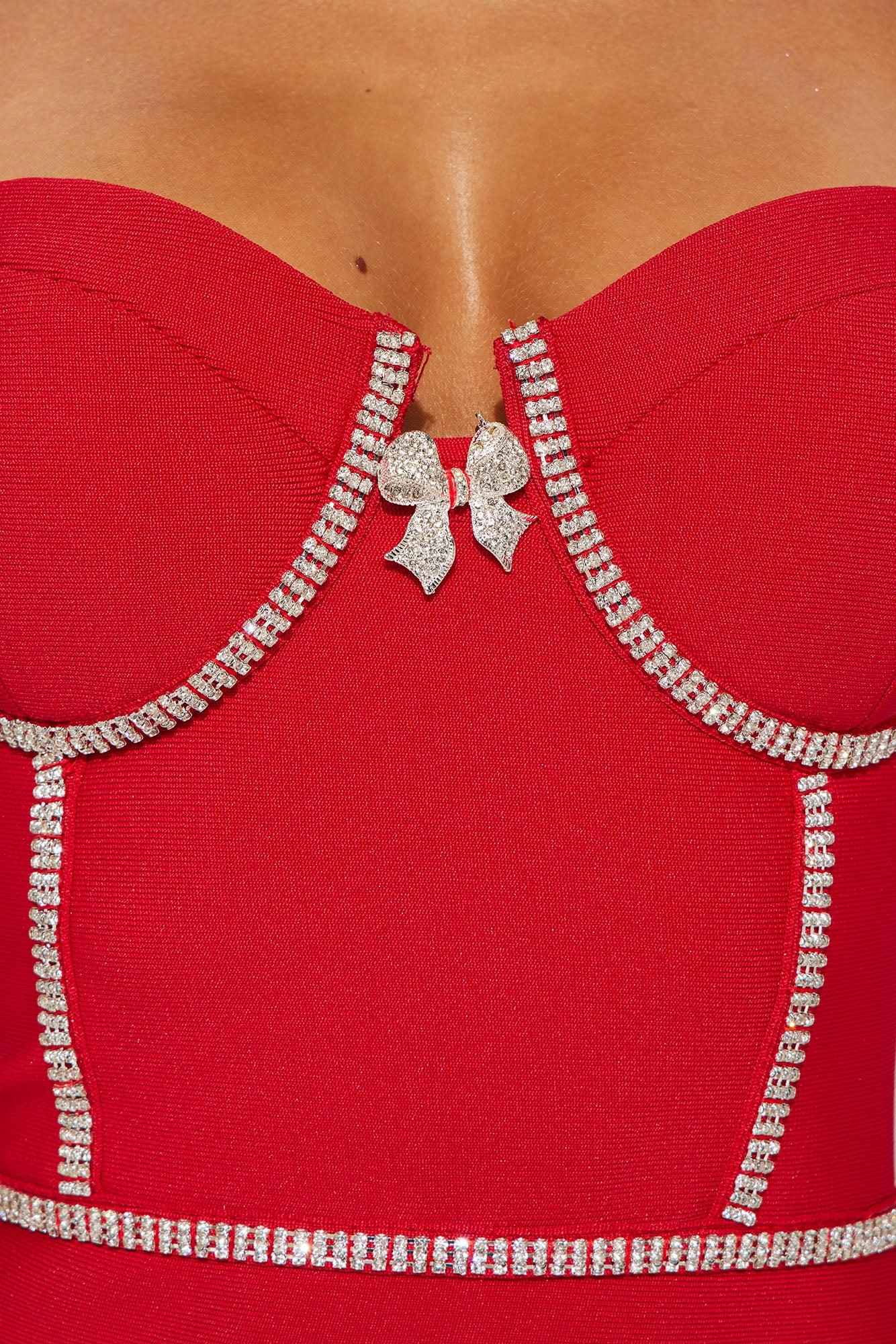 Lara Rhinestone Bandage Midi Dress - Red Product Image