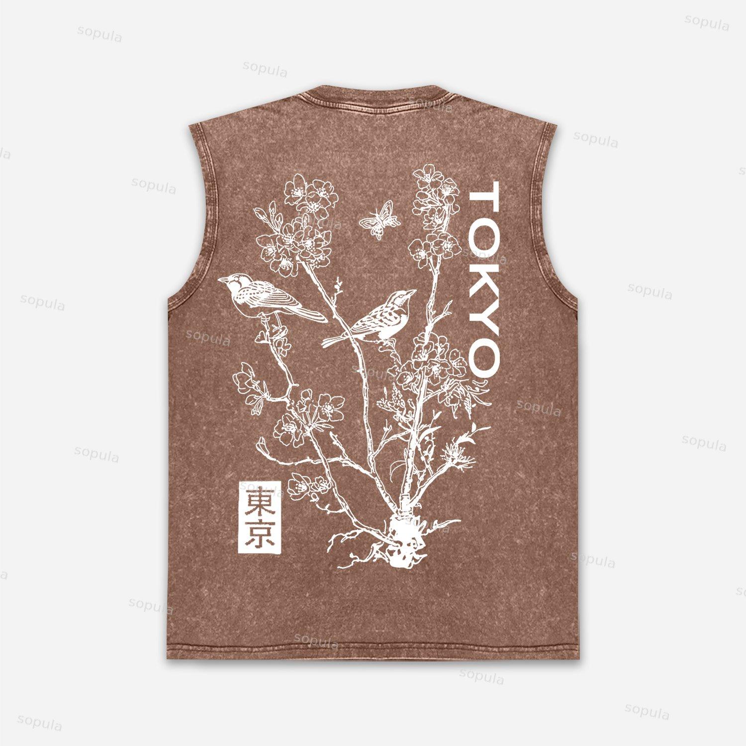 Japan Style Insect Bird Floral Print Acid Washed Tank Top Product Image