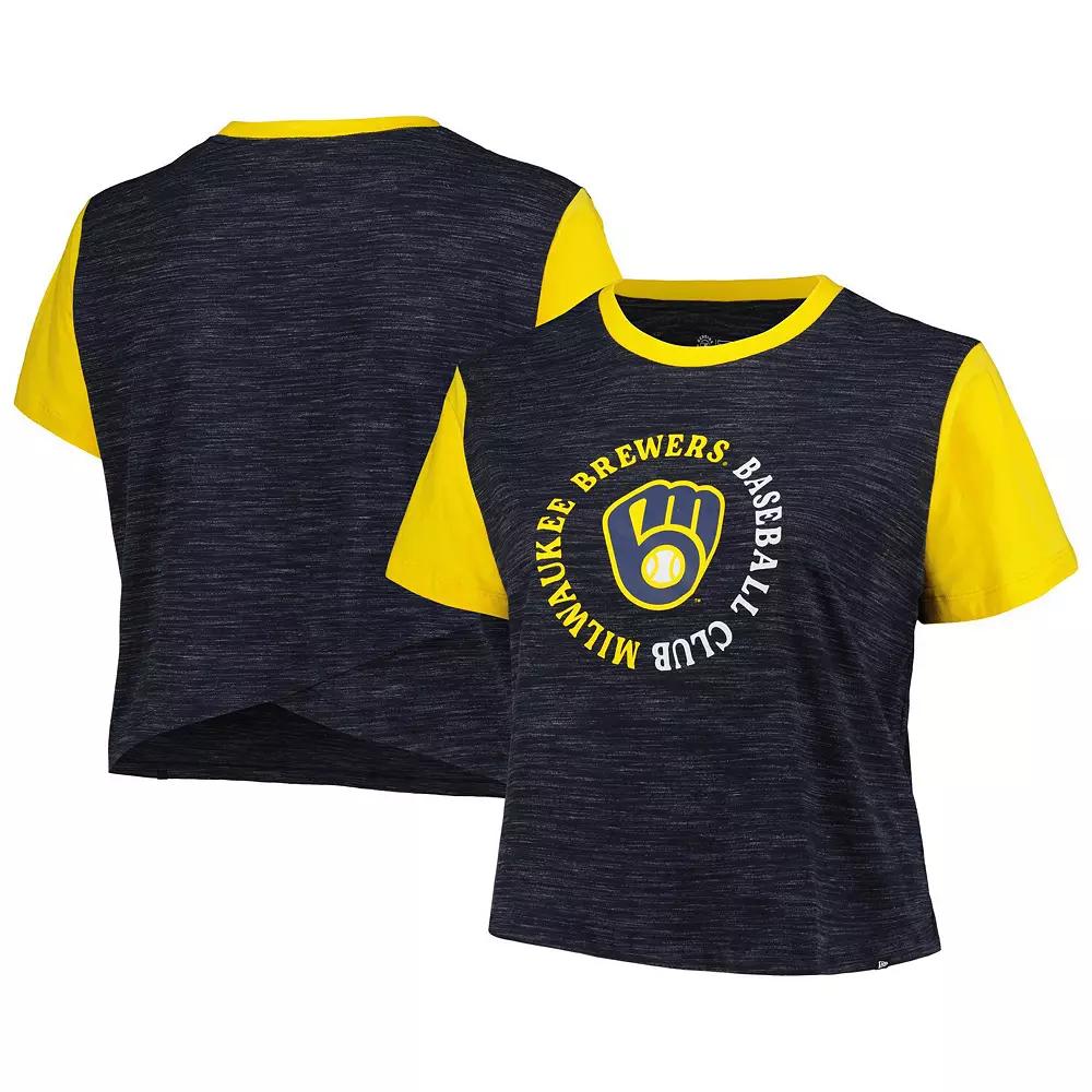 Women's New Era Navy Milwaukee Brewers Plus Size Crossover Back Cropped T-Shirt, Size: 2XL, Blue Product Image
