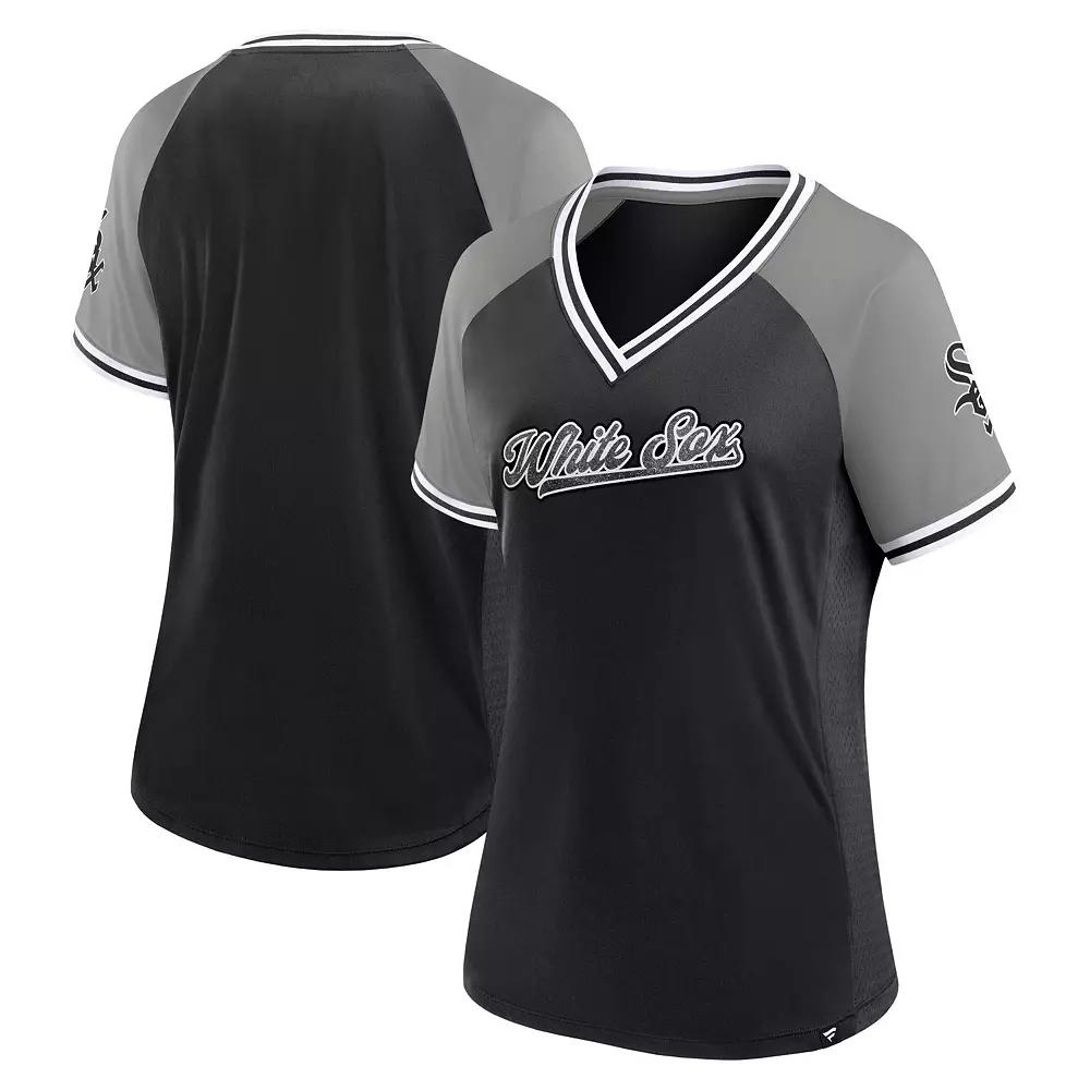 Women's Fanatics Black Chicago White Sox Glitz & Glam League Diva Raglan V-Neck T-Shirt,  Product Image