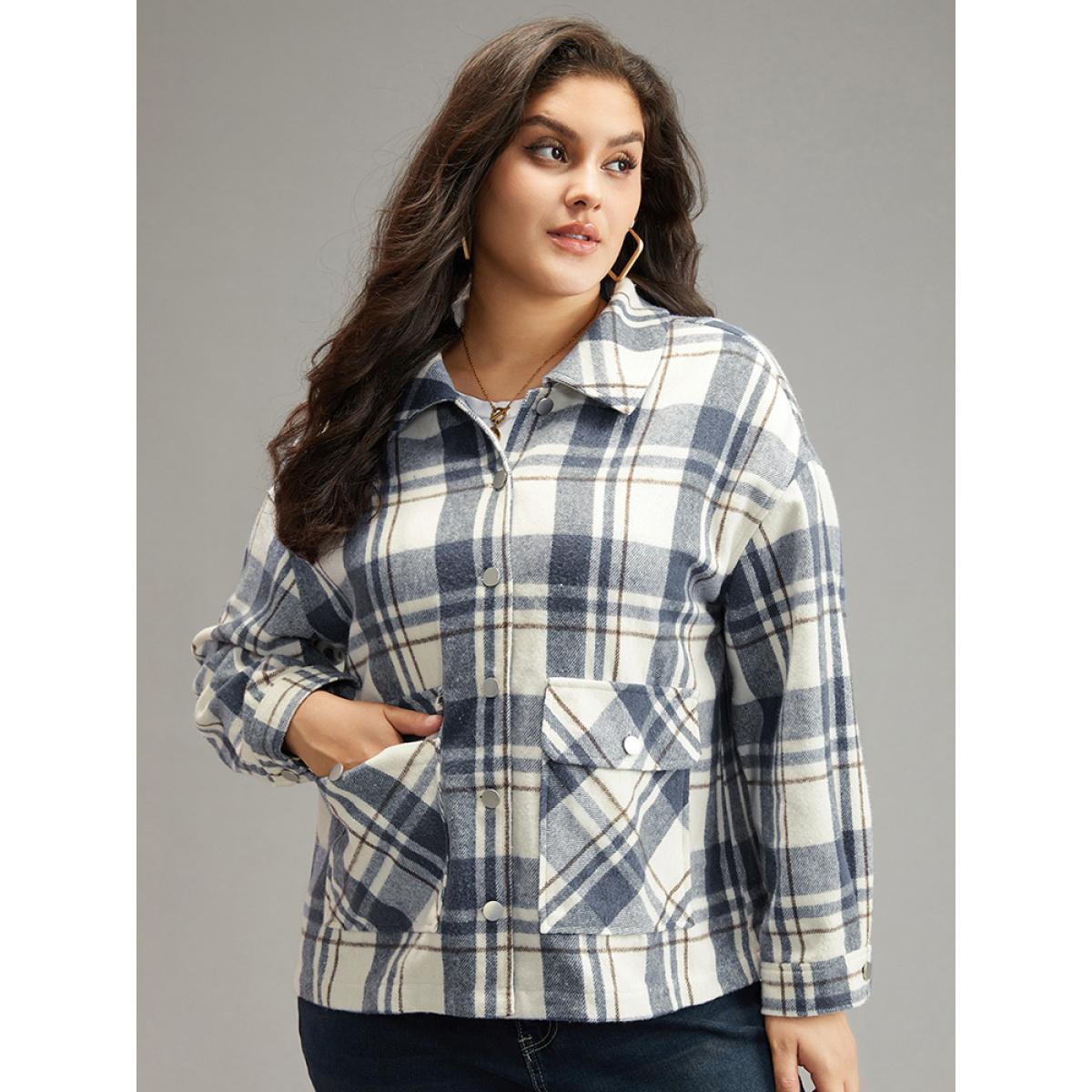 Plus Size Plaid Lapel Collar Metal Detail Pocket Shacket Women DarkBlue Casual Contrast Ladies Everyday Winter Coats BloomChic 22-24/3X Product Image