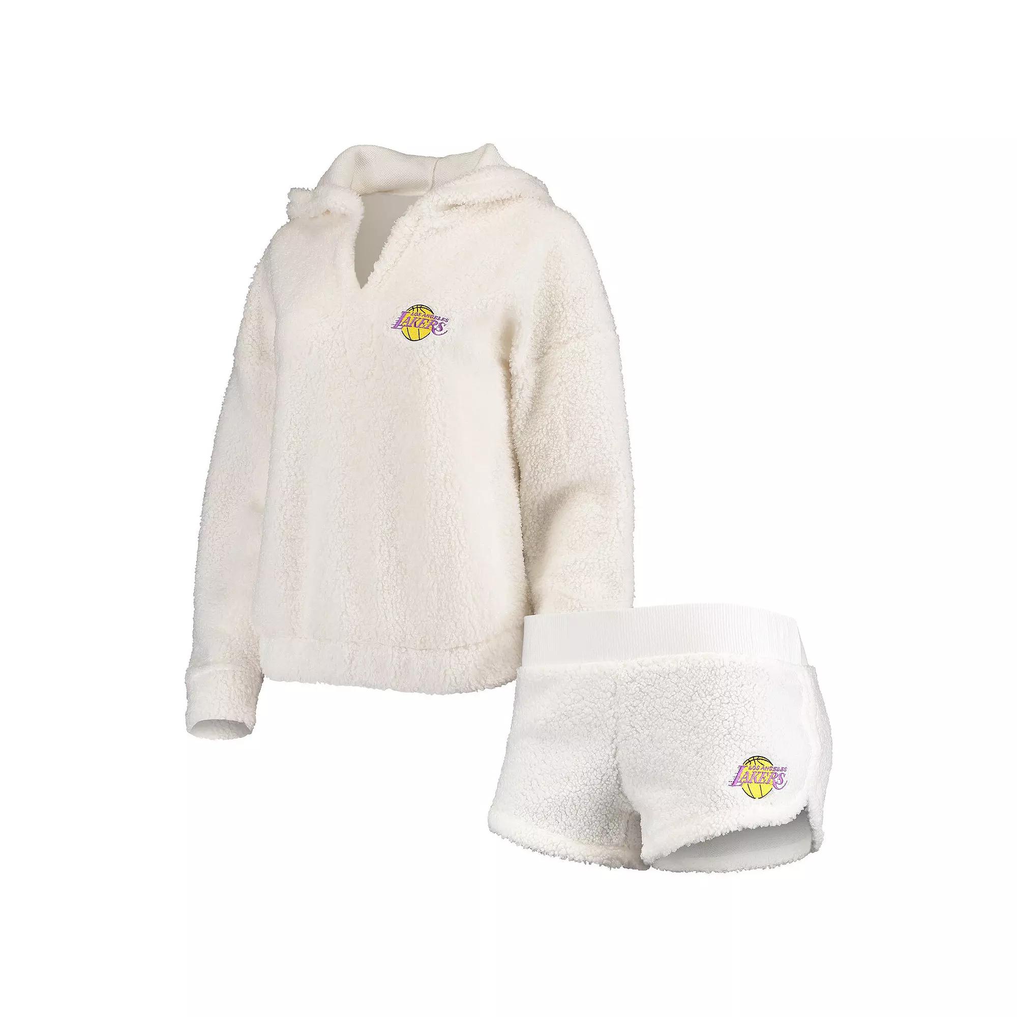 Women's Concepts Sport Cream Los Angeles Lakers Fluffy Long Sleeve Hoodie Top & Shorts Sleep Set,  Product Image
