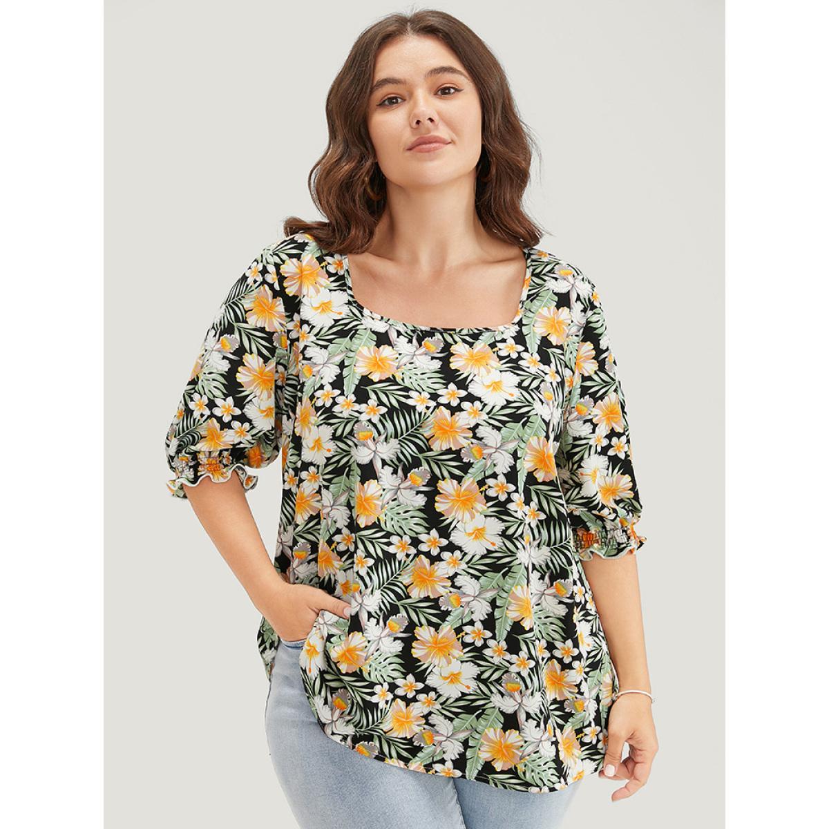 Plus Size BlackFlower Tropical Print Puff Sleeve Ruffles Trim Square Neck Blouse Women Vacation Elbow-length sleeve Square Neck Dailywear Blouses BloomChic 26/4X Product Image