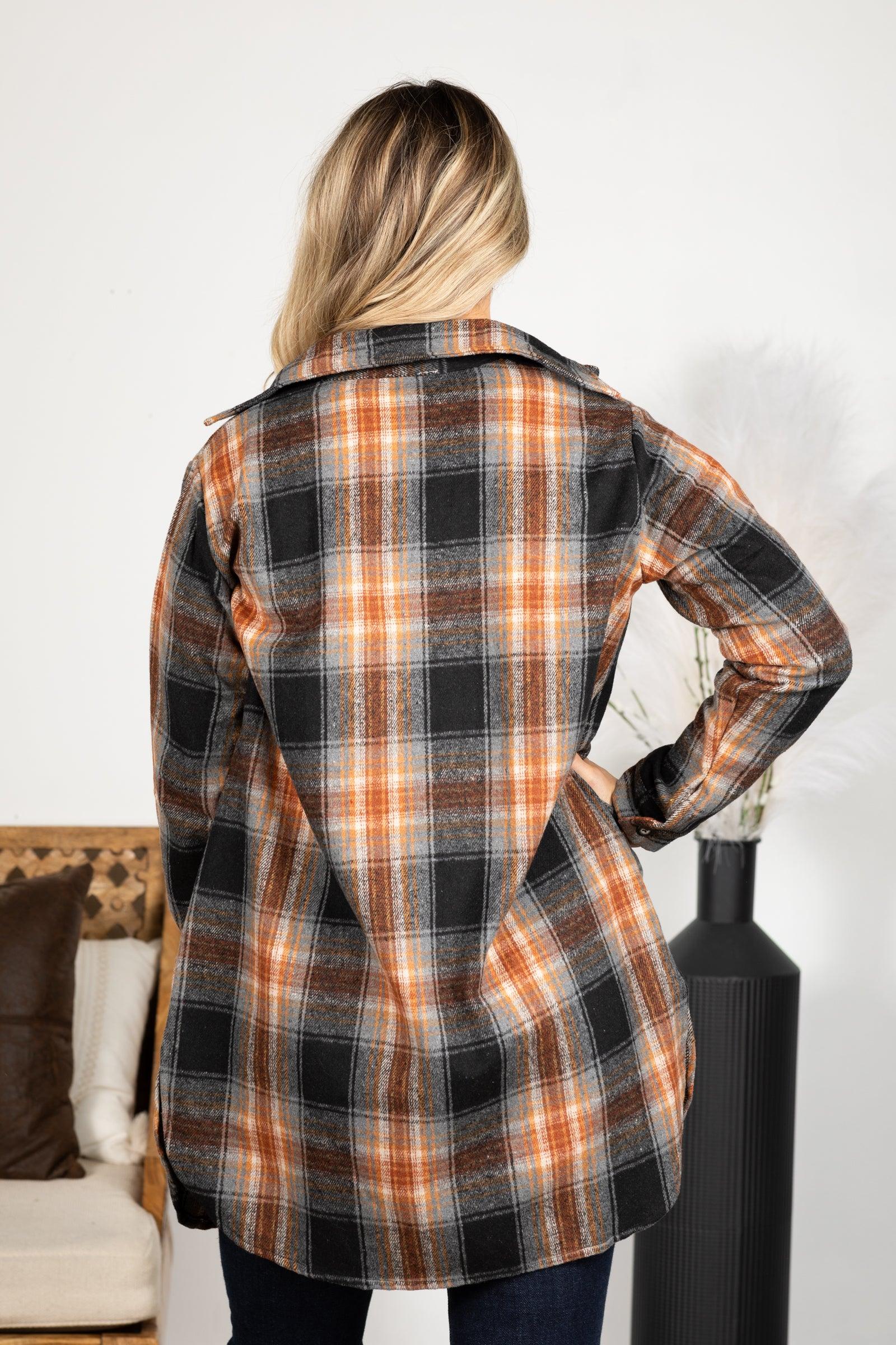 Black Button Down Long Flannel Shacket Product Image