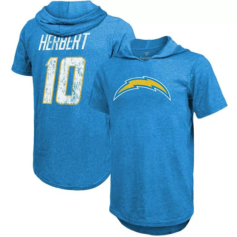 Men's Fanatics Branded Justin Herbert Powder Blue Los Angeles Chargers Player Name & Number Tri-Blend Hoodie T-Shirt, Size: 2XL, Light Product Image