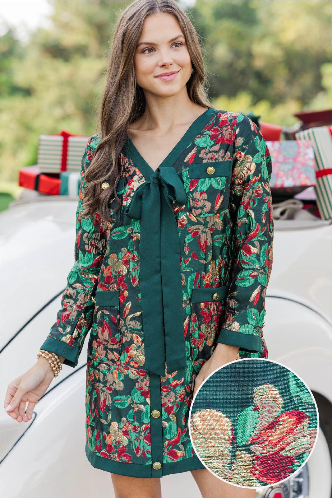League Of Your Own Emerald Floral Brocade Shift Dress Female Product Image