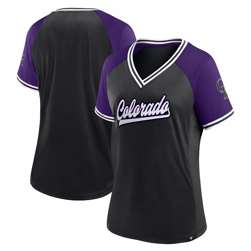 Women's Fanatics Black Colorado Rockies Glitz & Glam League Diva Raglan V-Neck T-Shirt, Size: Medium Product Image
