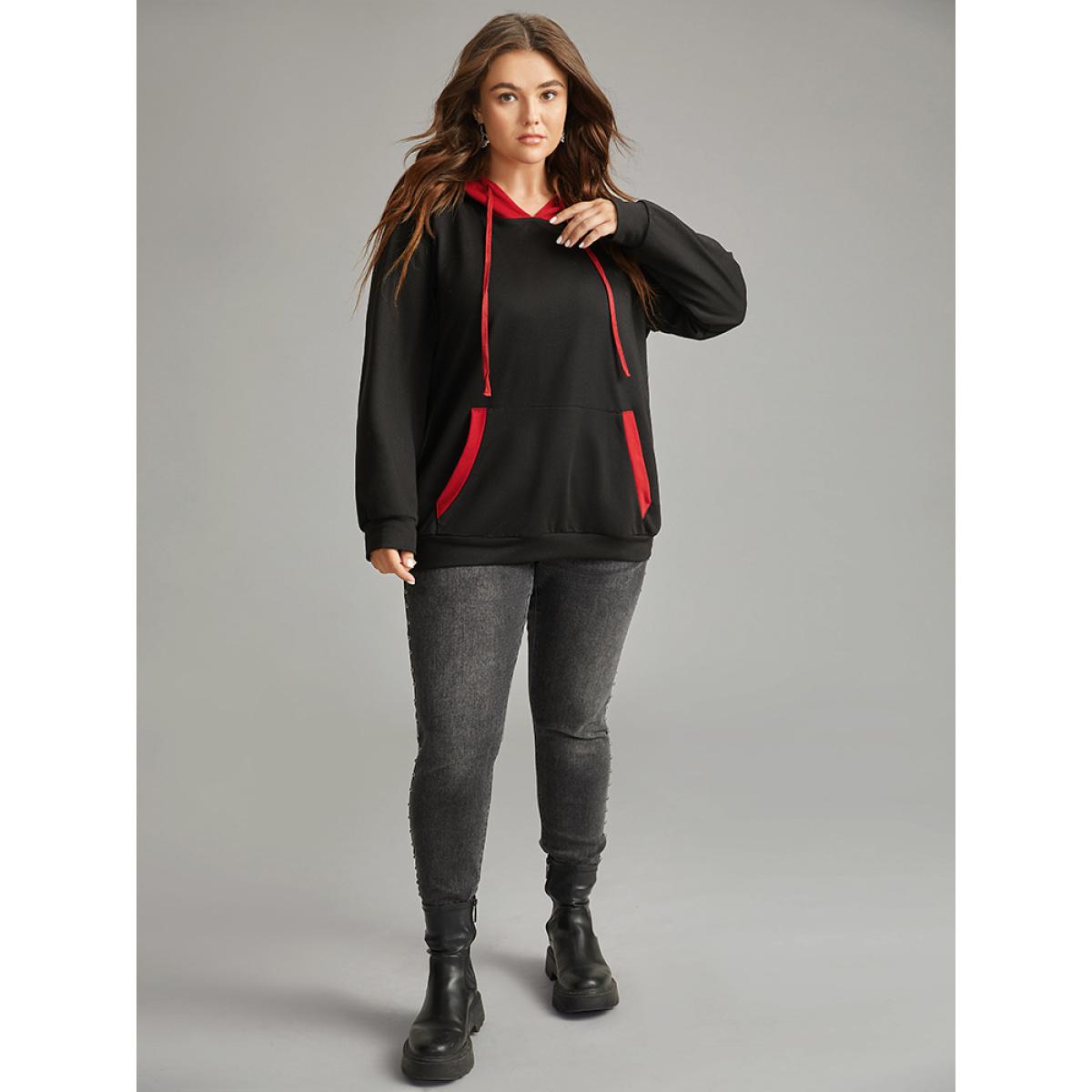 Plus Size Halloween Hooded Drawstring Contrast Pocket Sweatshirt Women Black Casual Contrast Hooded Festival-Halloween Sweatshirts BloomChic 18-20/2X Product Image