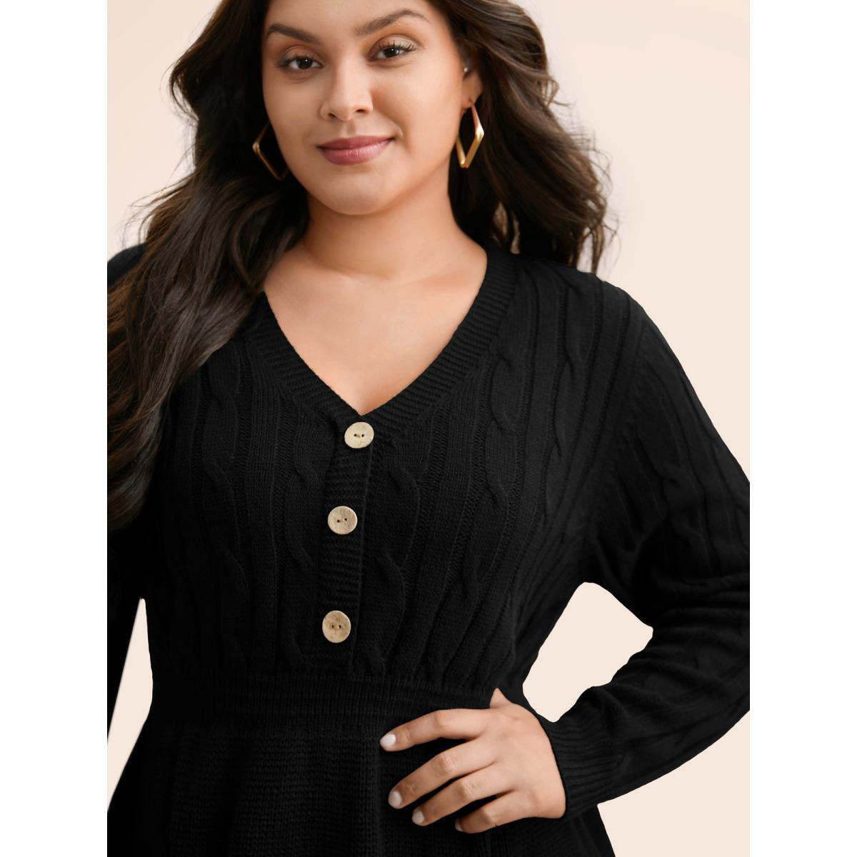 Plus Size Texture Cable Knit Button Detail Pullover Black Women Casual Long Sleeve V-neck Everyday Pullovers BloomChic 10/M Product Image