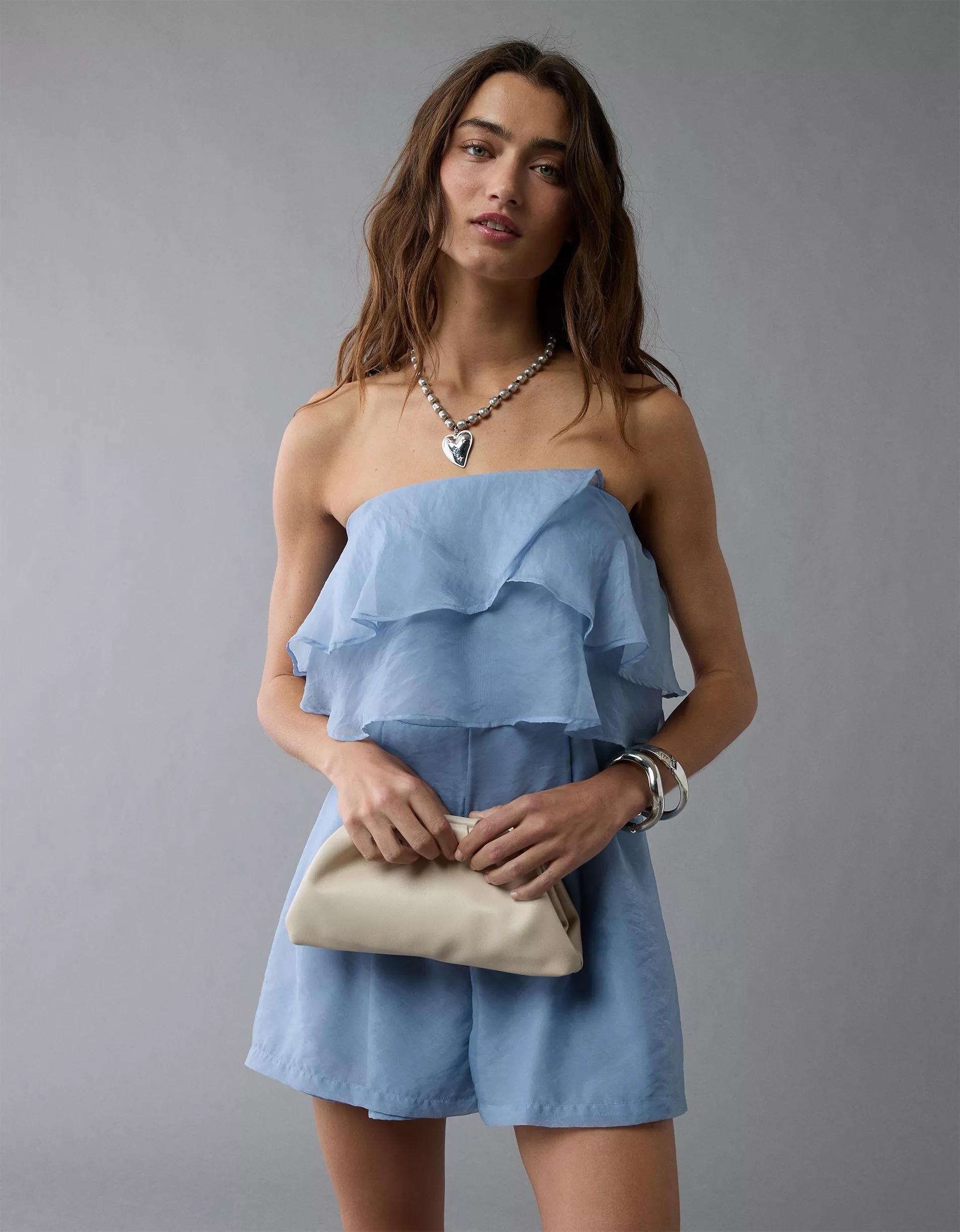 AE Strapless Organza Ruffle Romper Product Image