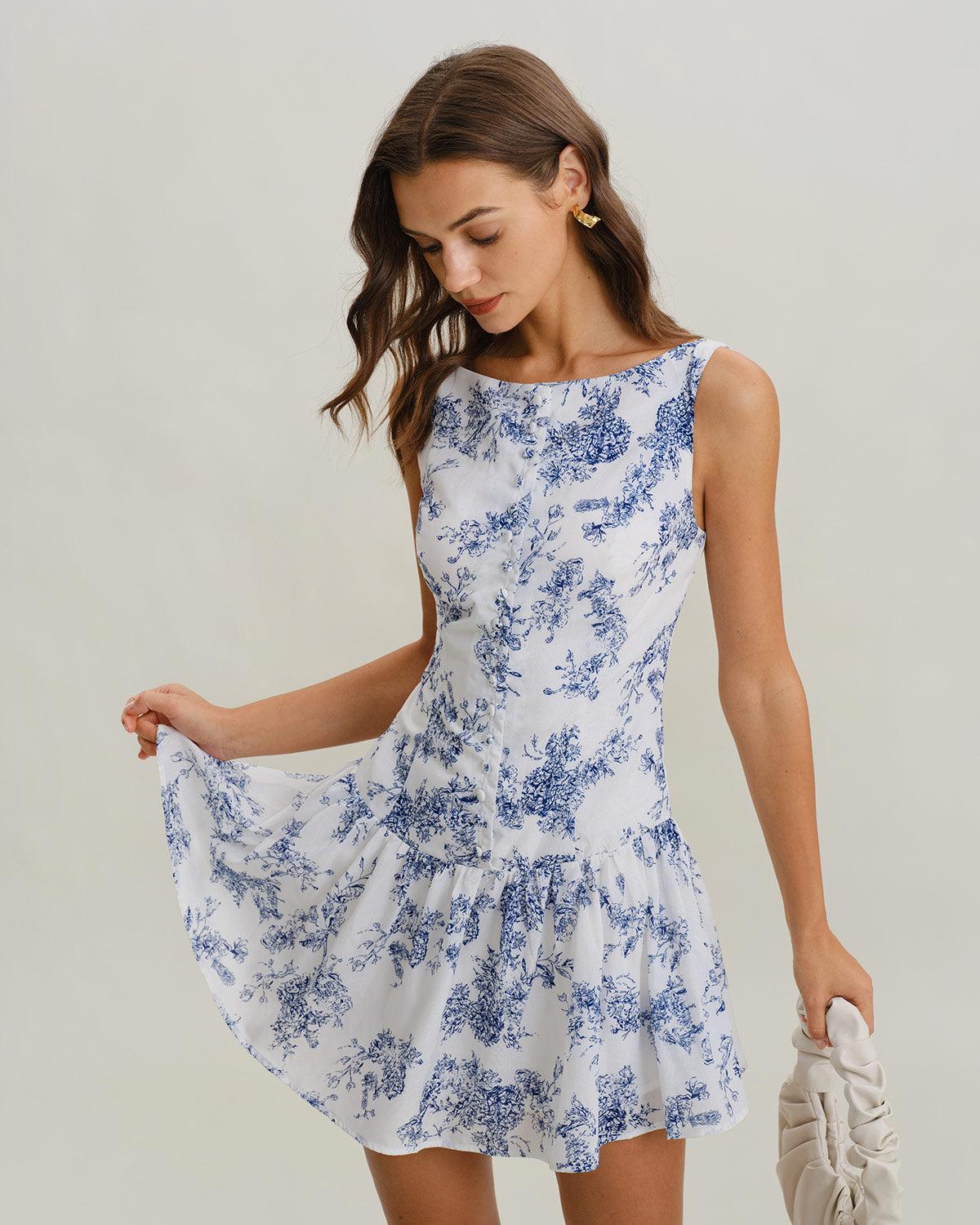 Blue Floral Boat Neck Sleeveless Mini Dress Product Image