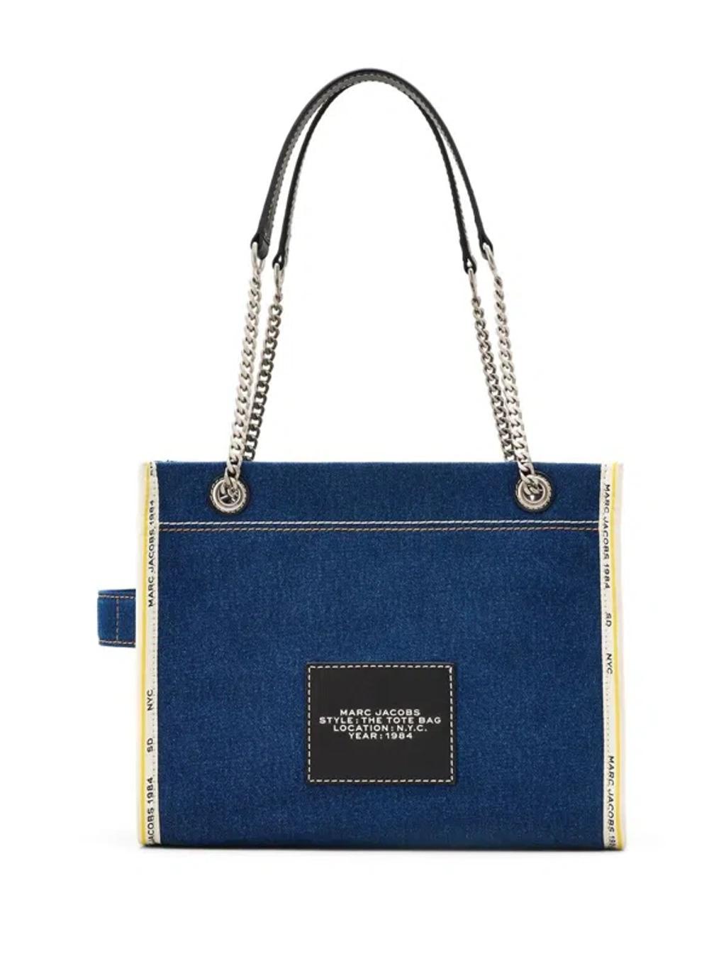 MARC JACOBS The Medium Tote In Blue Denim With Embroidered Logo In Dark Wash Product Image