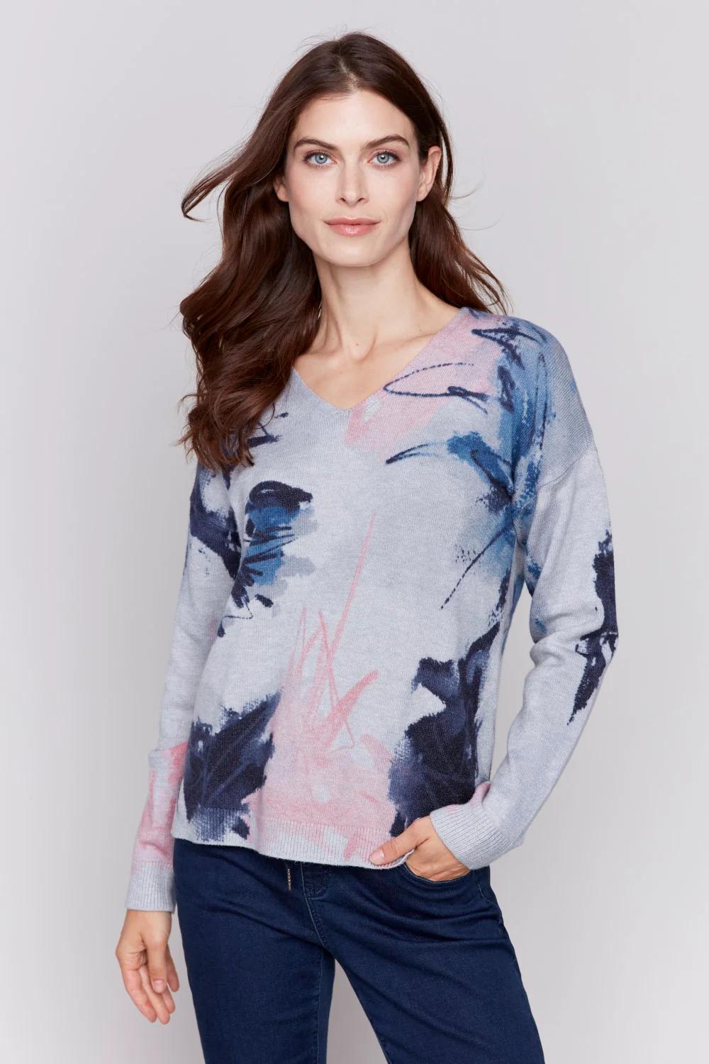 Printed Plushy V Neck Sweater Product Image