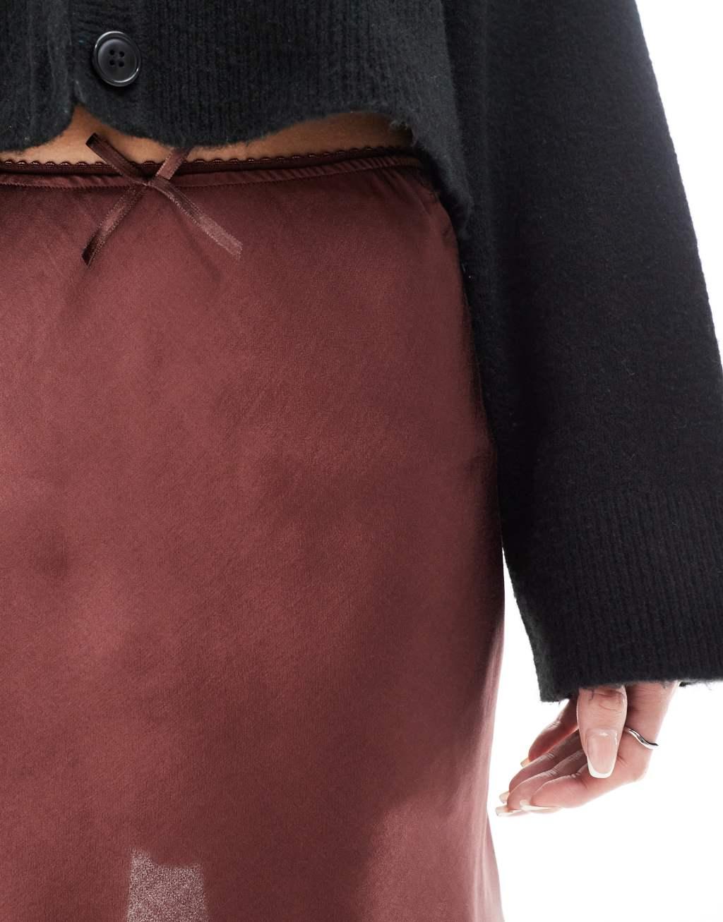 Miss Selfridge satin bias cut mini skirt with bow in chocolate Product Image