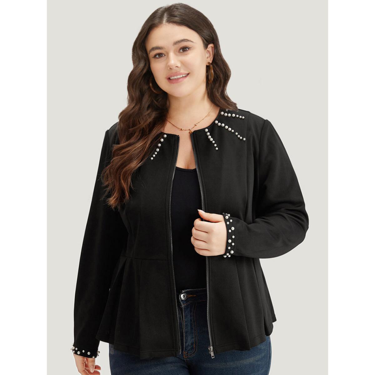 Plus Size Pearl Beaded Zipper Plicated Detail Coat Women Black Work From Home Plain Ladies Office Winter Coats BloomChic 30/6X Product Image