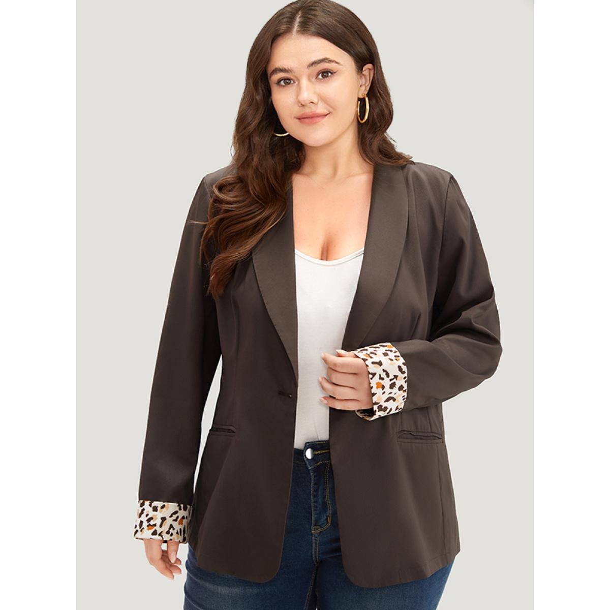Plus Size Lapel Collar Patchwork Leopard Print Blazer DimGray Women Work Plain Contrast Sleeve Long Sleeve Lapel Collar 22-24/3X Pocket Office Blazers BloomChic Product Image