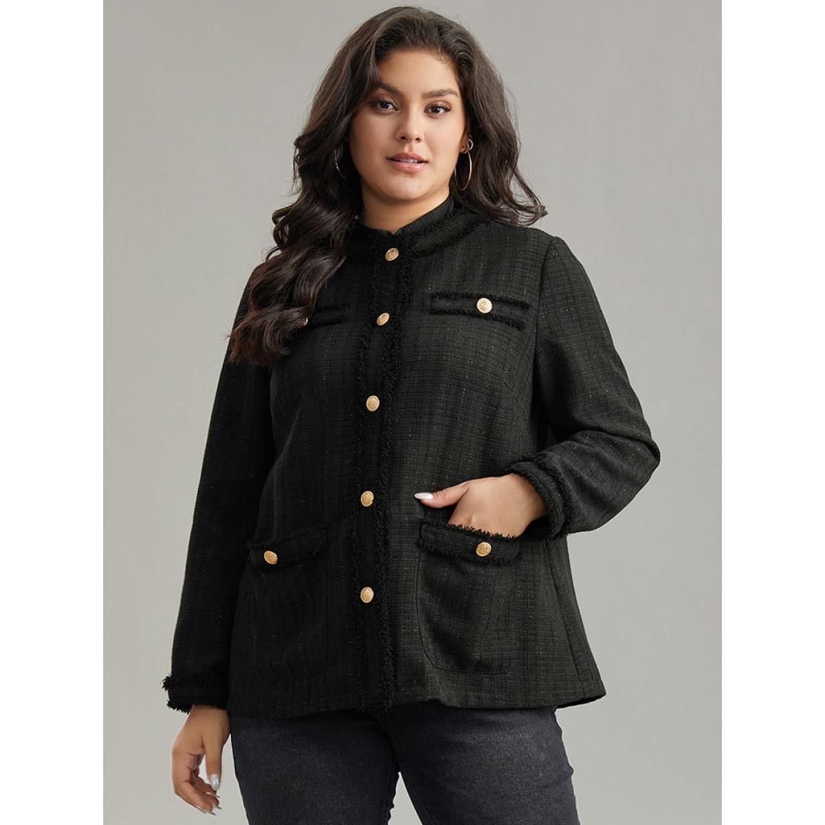 Plus Size Fuzzy Trim Pocket Metal Button Fly Jacket Women Black Casual Plain Ladies Everyday Winter Coats BloomChic 26/4X Product Image