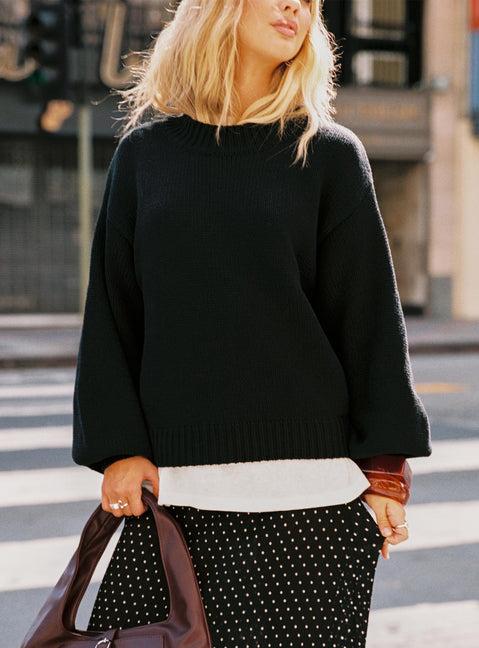 Harmony Balloon Sleeve Knit Sweater Black Product Image