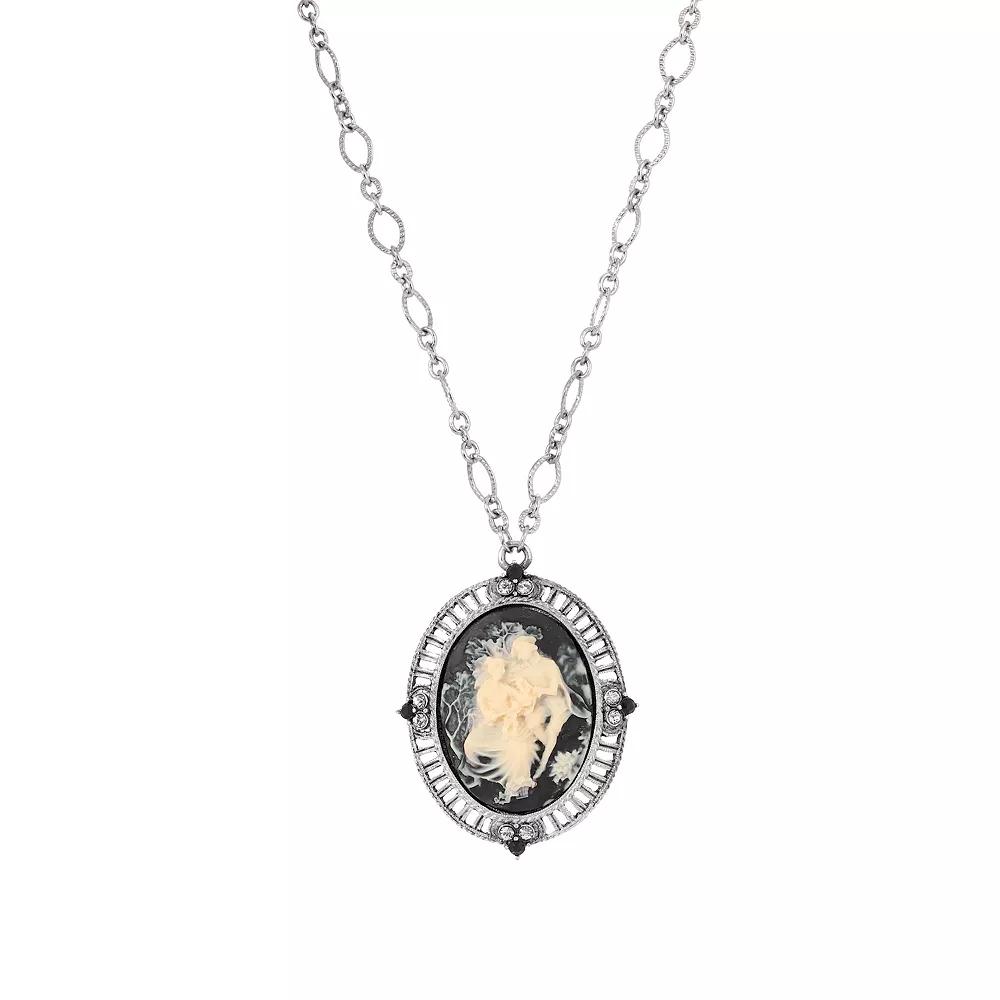1928 Silver Tone Cameo And Stone Necklace, Womens, Black Product Image