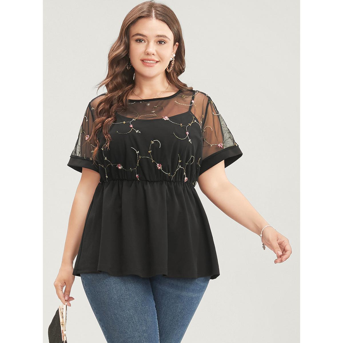 Plus Size Black Floral Embroidered Mesh Patchwork Ruffles Blouse Women Glamour Short sleeve Round Neck Party Blouses BloomChic 26/4X Product Image