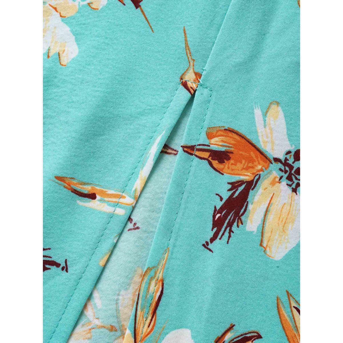 Plus Size Floral Shirred Elastic Waist Split Hem Dress Turquoise Women Elegant Frill Trim Square Neck Short sleeve Curvy BloomChic 10/M Product Image