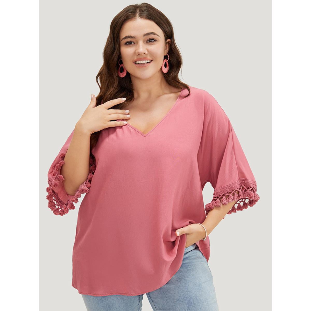 Plus Size DustyPink Solid Tassels Detail Flounce Sleeve Blouse Women Vacation Elbow-length sleeve V-neck Dailywear Blouses BloomChic 14-16/1X Product Image